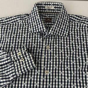 Peter Millar Men's 15.5 39cm Blue Navy Gingham Plaid Cotton Long Sleeve Shirt